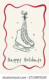 Tarjeta de Vertical festiva con patines dibujados a mano en estilo de boceto de tinta y tipografía Días festivos felices sobre fondo blanco. Ilustración vectorial plana. Perfecto para cartel, invitación, etiqueta, telón de fondo, portada.