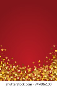 Festive vertical Christmas background with copy space. Golden stars on red
