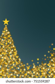 Festive vertical Christmas background with copy space. Golden stars and tree on blue
