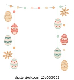 Festive vertical Easter garland illustration with decorated eggs and flowers in pastel colors. Perfect for greeting cards, invitations, seasonal banners, and holiday designs. 