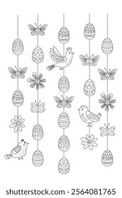 Festive vertical Easter garland illustration with decorated eggs, butterflies, birds and flowers. Vector illustration in hand drawn doodle style, black outline. Perfect for holiday designs, coloring