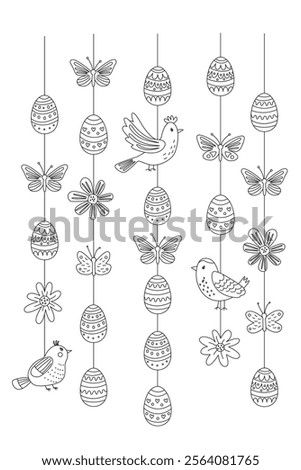 Festive vertical Easter garland illustration with decorated eggs, butterflies, birds and flowers. Vector illustration in hand drawn doodle style, black outline. Perfect for holiday designs, coloring