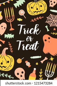 Festive vertical Halloween card or postcard template with Trick or Treat lettering surrounded by creepy holiday creatures and magic items. Colorful vector illustration in flat cartoon style.