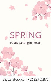 Festive vertical poster with cherry blossom and typography Petals dancing in the air. Asian tradition. Grainy texture effect. Perfect for background, cover, label, social media, card