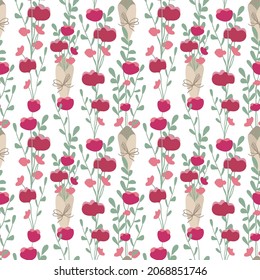 Festive vertical seamless pattern in a naive style.Gift in the form of a bouquet of pink flowers, roses in a popular paper wrapping with a bow.White square background. Vector square illustration.Eps10