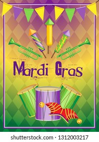 Festive vertical vector illustration for Mardi Gras holiday. Tricolor gradient and rhombuses on background. Two-color frame and garlands of flags