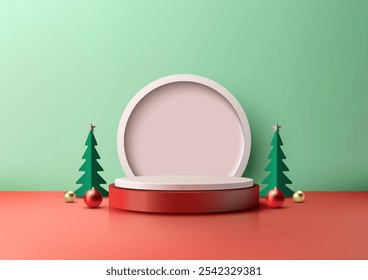 Un ambiente festivo con escenas de Navidades 3D podio rojo y blanco, dos árboles de Navidad y adornos contra una pared verde menta, exhibición de productos y maquetas de temporada