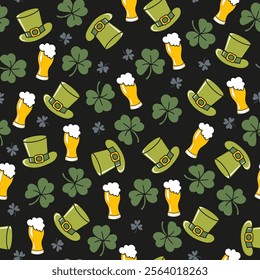 Festive Vibe Seamless Irish Pub Themed Pattern. Perfect for crafting holiday-themed decorations, digital designs, party invitations, or gift wraps, Create a fun and cheerful vibe