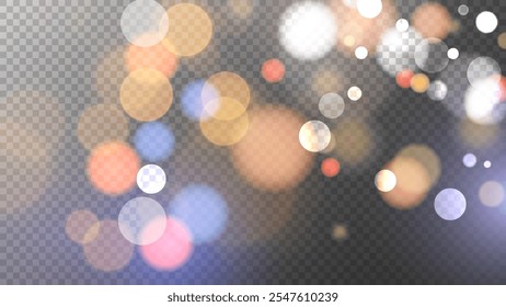 Luces bokeh vibrantes festivas. Abstractas diseño de superposición borrosa. Efecto de luz borrosa brillante. Fondo transparente. Ilustración vectorial.