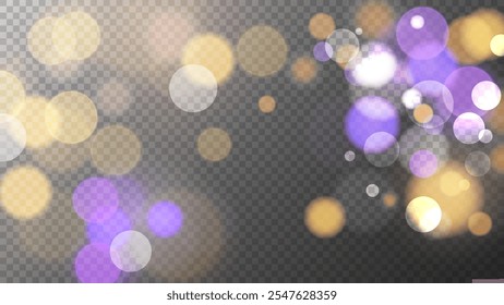 Luces bokeh vibrantes festivas. Efecto de luz borrosa brillante. Abstractas diseño de superposición borrosa. Fondo transparente. Ilustración vectorial.