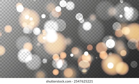 Luces bokeh vibrantes festivas. Fondo transparente. Abstractas diseño de superposición borrosa. Efecto de luz borrosa brillante. Ilustración vectorial.