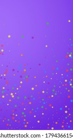 Festive vibrant confetti. Celebration stars. Joyous stars on violet background. Gorgeous festive overlay template. Vertical vector background.