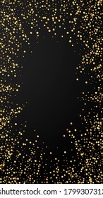 Festive vibrant confetti. Celebration stars. Gold confetti on black background. Fascinating festive overlay template. Vertical vector background.