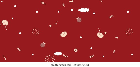 A festive, vibrant red background adorned with scattered decorative elements in a playful and celebratory style