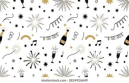 A festive and vibrant seamless pattern is composed of gold and black elements on a white background. It features bursting fireworks, bottles and glasses of champagne, musical notes, stars, and swirling streamers. The design evokes a sense of celebration and merriment, suitable for holiday or party themes.