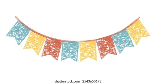 Festive vintage garlands with thanksgiving bunting flags in autumn colors chalk drawing. Holiday decorations. Doodle crayon style. School children on chalkboard concept.