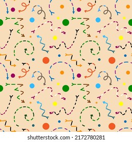 Patrón vintage festivo en un fondo cálido. Flechas vectoriales multicolores, círculos, espirales.