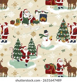 Festive Vintage Santa Pattern on a Beige Background