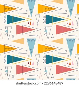 Festive vintage seamless pattern. Triangles of different colors on a pastel background. Vector image of geometric shapes. Background for wrapping paper, covers, fabrics.
