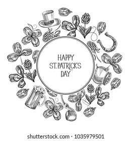 Festive vintage St Patricks Day poster with inscription and sketch traditional symbols on light background vector illustration