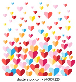 Festive vivid background with multi-colored hearts on white