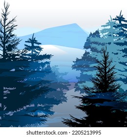 Festive wallpaper with Christmas forest on the background of mountains