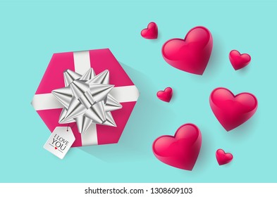 Festive wallpaper decorated with hearts and gifts. Vector illustration