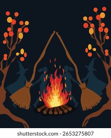  Festivo Walpurgis Noite Dança em torno da fogueira Ilustração