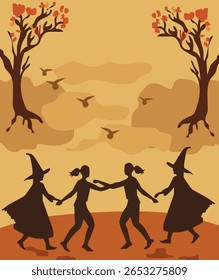  Festivo Walpurgis Noite Dança em torno da fogueira Ilustração
