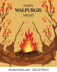  Festivo Walpurgis Noite Dança em torno da fogueira Ilustração