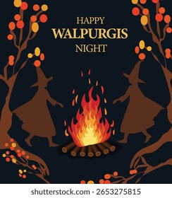  Festivo Walpurgis Noite Dança em torno da fogueira Ilustração