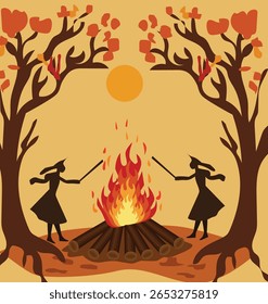  Festivo Walpurgis Noite Dança em torno da fogueira Ilustração