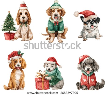 A festive watercolor illustration set featuring cute dogs in Christmas outfits, Santa hats, scarves, and holiday accessories. Includes Christmas tree, gift box, and cozy winter clothing. 