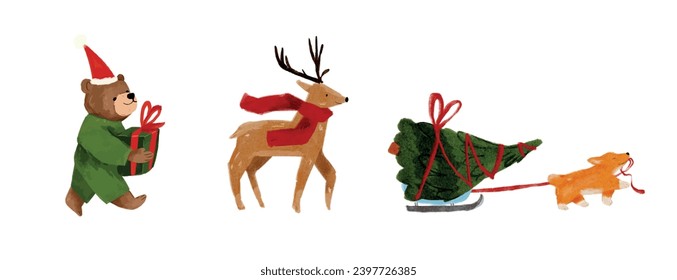 Acuarela festiva Ilustraciones navideñas de moras, oso dulce, reno, cachorro con árbol de Navidad. Elemento de imagen de clip vectorial, listo para imprimir. Perfecto para invitación, tarjeta, pancarta, decoración, pegatinas