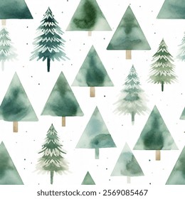 Festive watercolor seamless pattern of Christmas trees for holiday-themed designs. Painted trees in various shades of green cheerful and whimsical vector graphic on white background