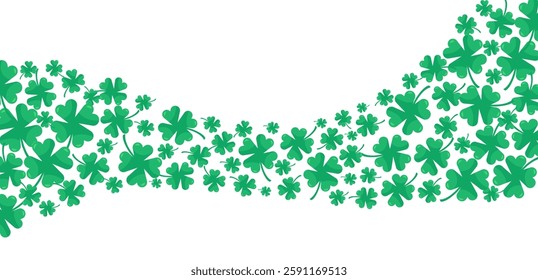 Festive wave of green clovers. Arrangement of shamrocks in varying sizes isolated on transparent background. St. Patrick's Day.