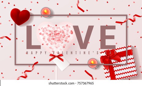 Festive Web Banner for Happy Valentine's Day. Top View on Composition with Realistic Transparent Pink Air Balloon with Confetti in the Form oh Heart, Gift Box and Candles. Vector Illustration.