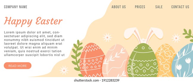 Festive web banner template with decorated eggs on yellow background and bunny rabbit ears. Easter colored symbols with various ornament in pastel colors. Flat vector illustration for spring holiday.