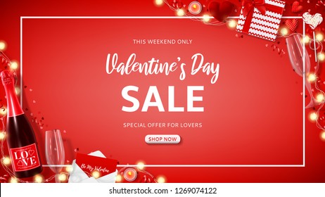 Festive web banner for Valentine's Day sale. Vector illustration with top view on realistic bottle of champagne, glasses of champagne, gift boxes and garlands on red background.