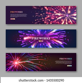 Festive web banners with copyspace. Celebration party horizontal flyers with fireworks lights series. Realistic fireworks flash on dark background vector illustration. Anniversary date congratulation