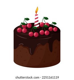 Festive wedding or anniversary chocolate cake with one candle and cherries. Flat vector illustration.	
