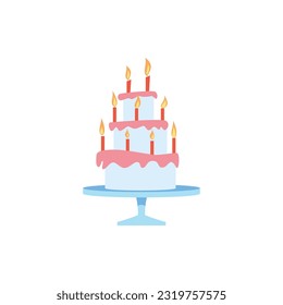 Festive wedding or birthday cake with candle decor, flat vector illustration isolated on white background. Sweet big cream cake for birthday or anniversary party.