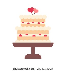 Festive wedding cake flat icon with heart toppers. Vector illustration