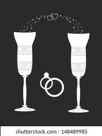 Festive wedding champagne glasses with decorative elements. Festive toast with alcoholic sparkling wine. Graphic vector illustration. Logo, label, sign. Meeting of friends. Advertising.