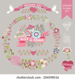 Festive Wedding design template set  in Retro style.Floral  wreath,elements ,vignettes, ,hearts,ribbon,curl. For Wedding  invitation, greeting card, cover.Festive celebration vector.