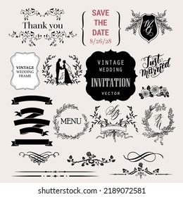 Festive wedding elements. Vector vintage frames, logo, ribbons and design calligraphic elements set for invitation or congratulatory templates