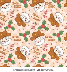 Festive Western Santa Claus Pattern With Holly and Candy Canes