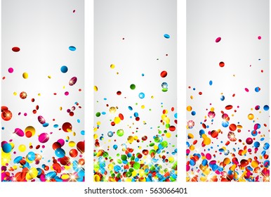 Festive white backgrounds set with colorful glossy confetti. Vector paper illustration.