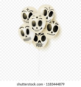 Festive white balloons for Day of the Dead. White balloons with smiles isolated on transparent background. Vector illustration.