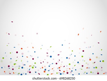 Festive white banner with bright colorful glossy confetti. Vector illustration